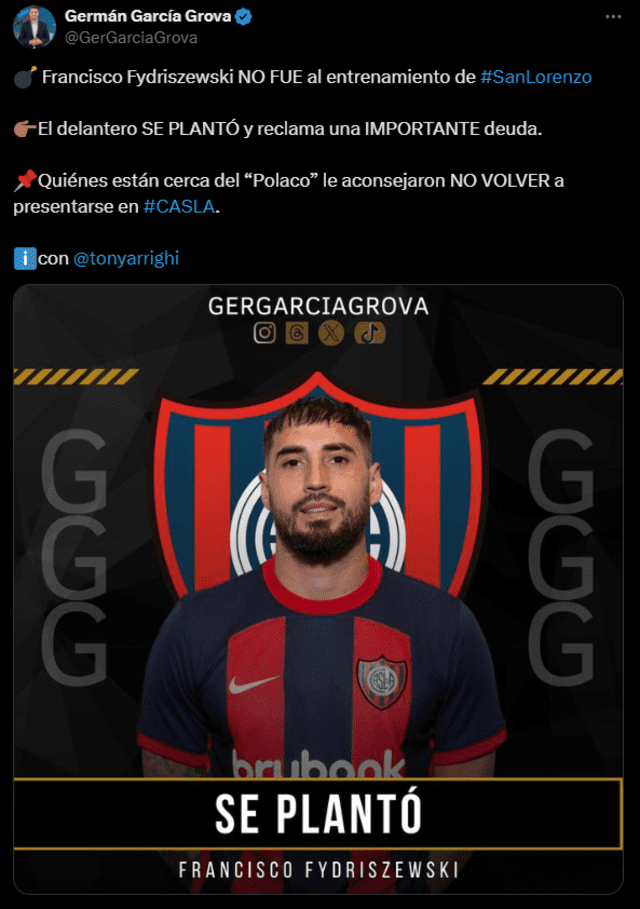  Francisco Fydriszewski tomó la decisión de no asistir a los entrenamientos de San Lorenzo por las deudas del club con él. Foto: captura    