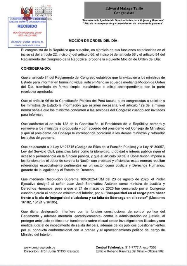  Moción de orden del día para citar a Eduardo Arana en el Congreso.   