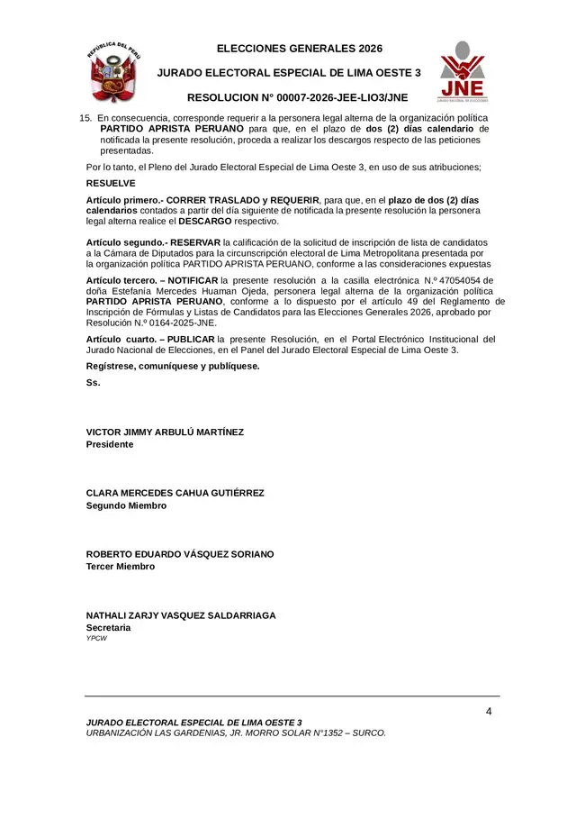 Decisión del JEE sobre la lista de candidatos a diputados del APRA Decisión del JEE sobre la lista de candidatos a diputados del APRA