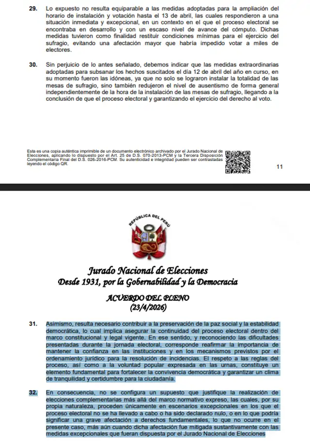El JNE indicó que es necesario conservar la paz social y la estabilidad democrática.