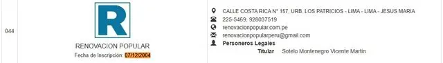  Registro de Organizaciones Políticas señala que partido Renovación Popular existe desde el 2004, fecha en la cual se registró bajo el nombre Solidaridad Nacional. Foto: ROP.    
