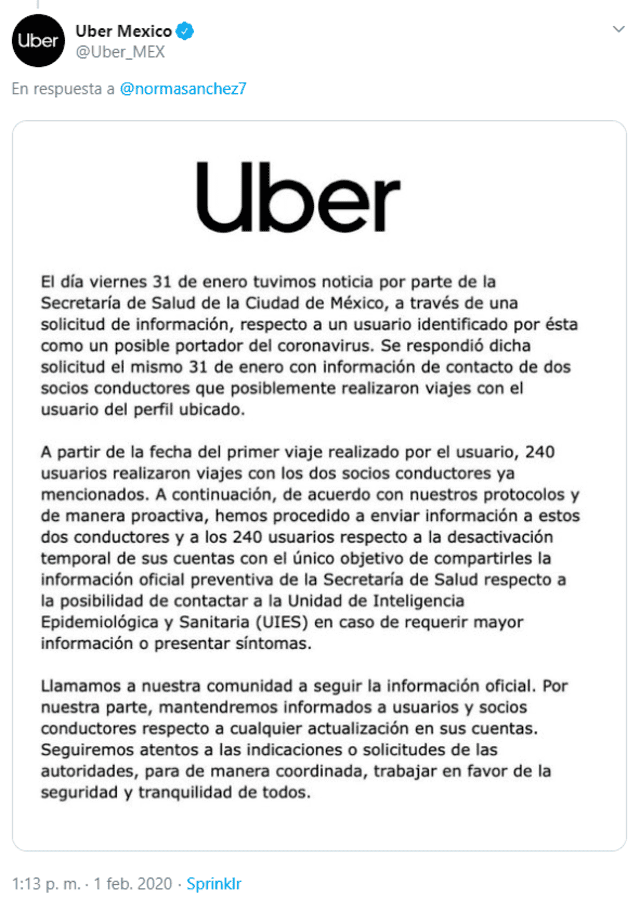 Uber publica comunicado oficial en sus redes sociales. (Foto: Captura)