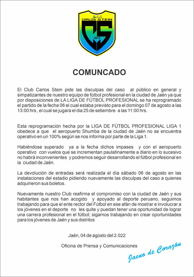 Comunicado del club Carlos Stein.