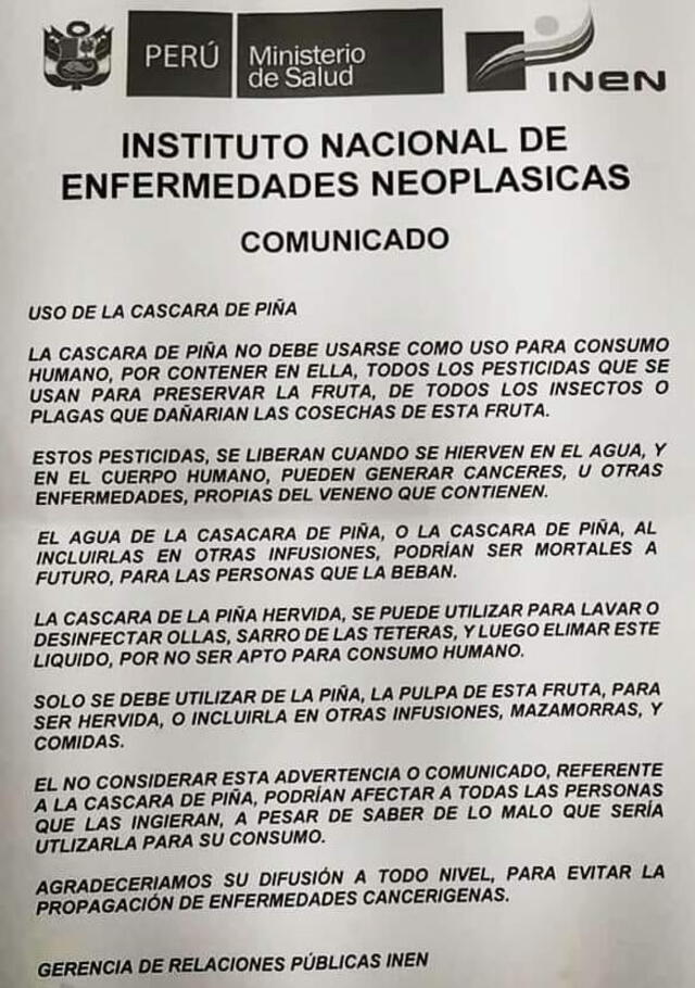 Comunicado falso atribuido al INEN. Foto: captura en Facebook Comunicado falso atribuido al INEN. Foto: captura en Facebook