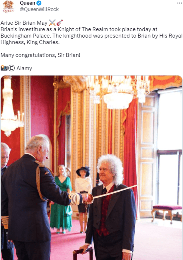  Queen felicita a Brian May por ser nombrado como Caballero de Inglaterra. Foto: Captura de Twitter   