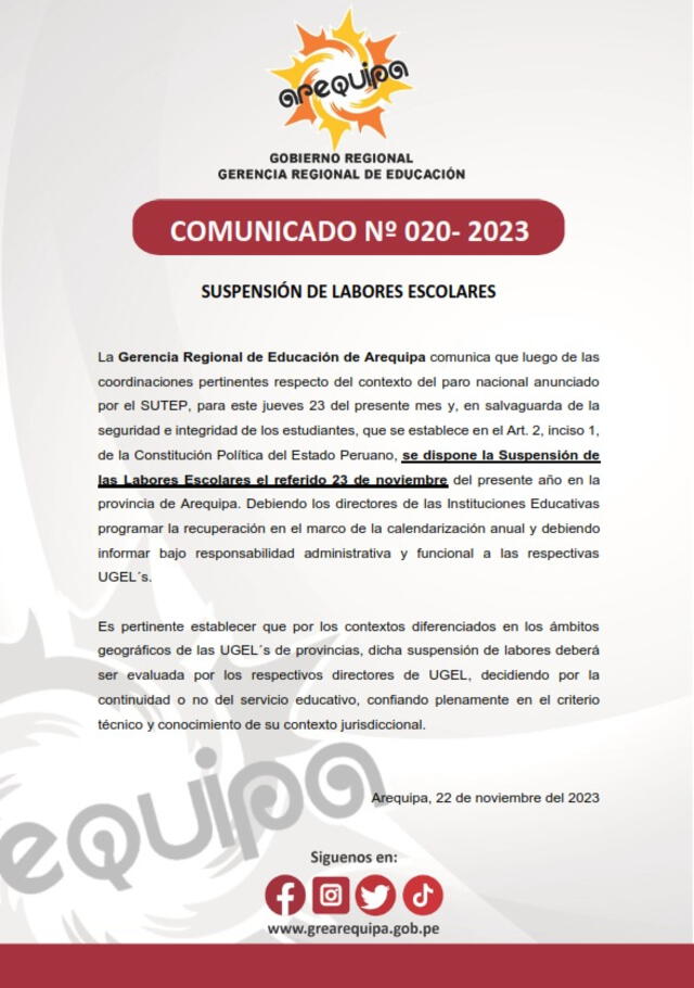 GORE Arequipa anuncia suspensión de clases escolares  