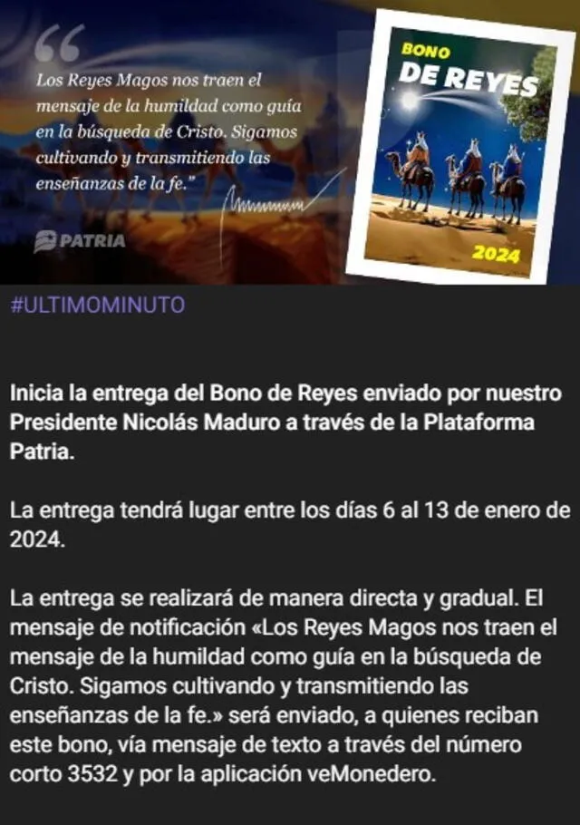 El Bono de Reyes se entregará hasta el 13 de enero. Foto: Canal Patria Digital/Telegram