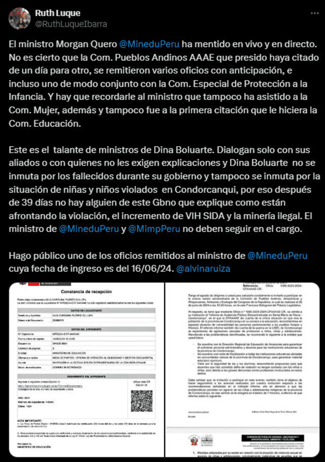 Ruth Luque rechazó las declaraciones del ministro de Educación tras brindar una entrevista a Canal N. Foto: Ruth Luque- X. 