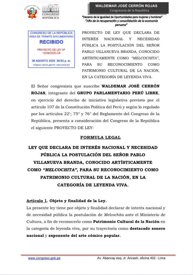  Proyecto de ley que plantea reconocer a Melcochita como patrimonio cultural   