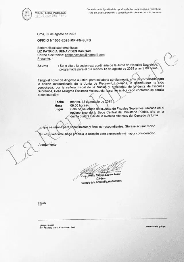  Oficio enviado a Patricia Benavides citándola a sesión de la Junta de Fiscales Supremos | Foto: LR.   