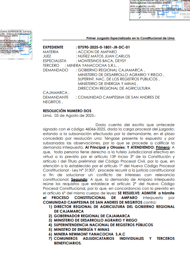  Poder Judicial admite demanda de la Comunidad Campesina San Andrés de Negritos para recuperar su territorio.   
