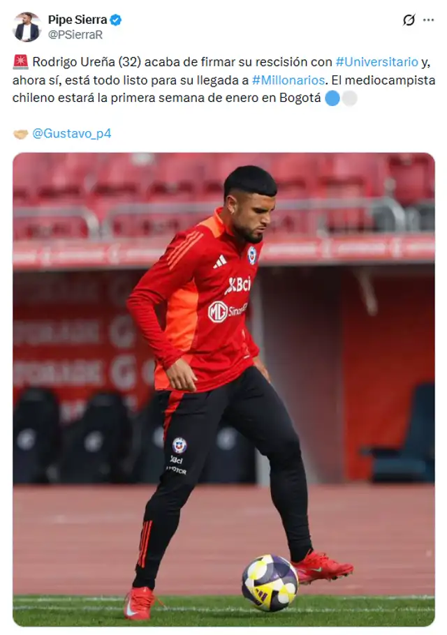Ureña es nuevo jugador de Millonarios. Foto: vía X   