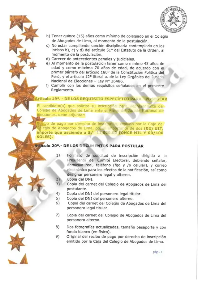  Reglamento del CAL donde se pide el monto de 11 mil soles como inscripción para postular a representante del CAL ante el JNE. Foto: La República   