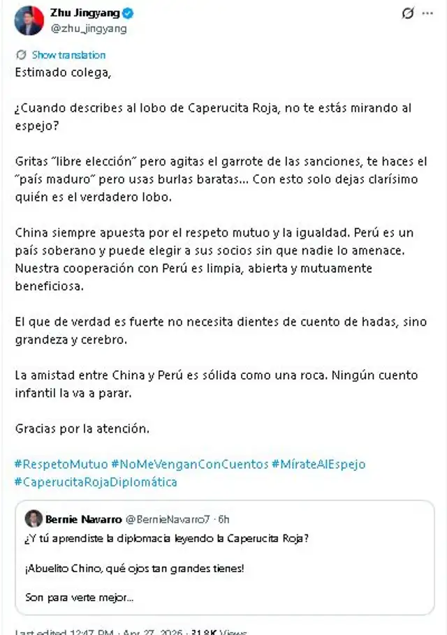 Tuit del embajador chino en su cuenta oficial de X