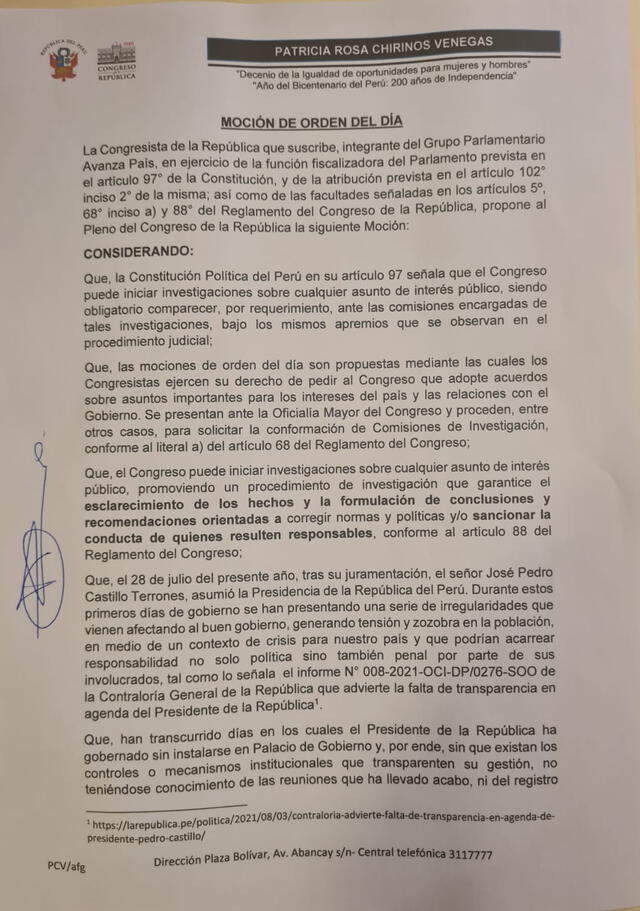 Patricia Chirinos solicita crear comisión para fiscalizar transparencia de Pedro Castillo