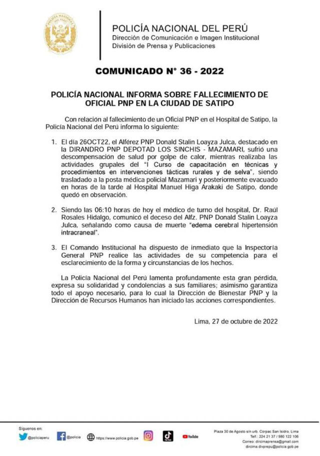 Comunicado de la Policía Nacional del Perú ante muerte de oficial en Junín. Foto: PNP