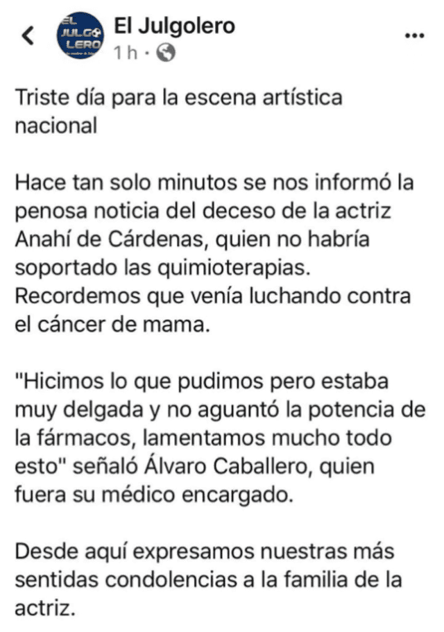 Página de Facebook alarmó a seguidores de Anahí de Cárdenas.