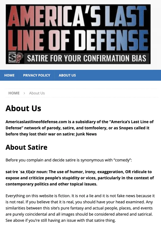 "America's Last Line of Defense" es un sitio web de noticias satíricas. Foto: captura