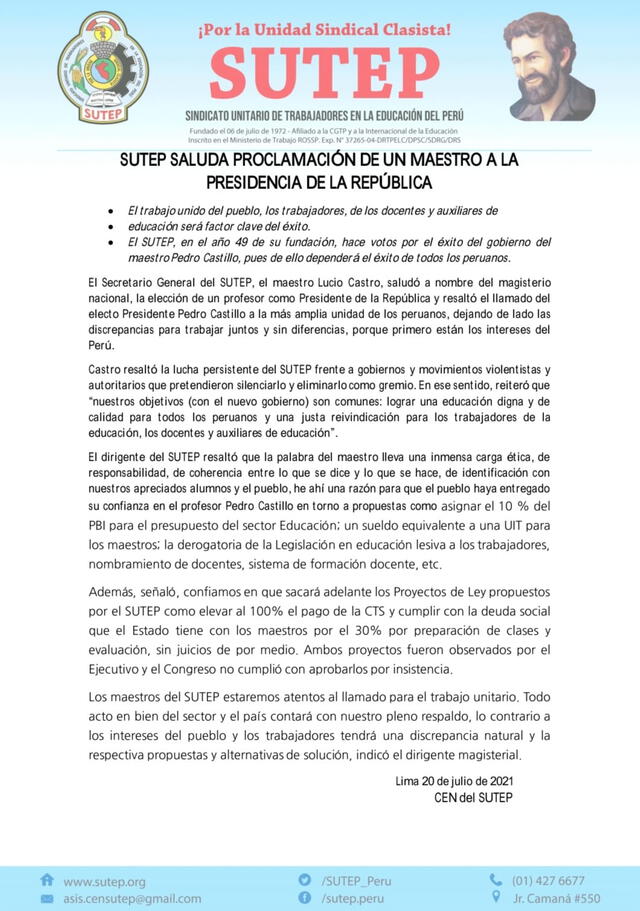 Comunicado de Sutep