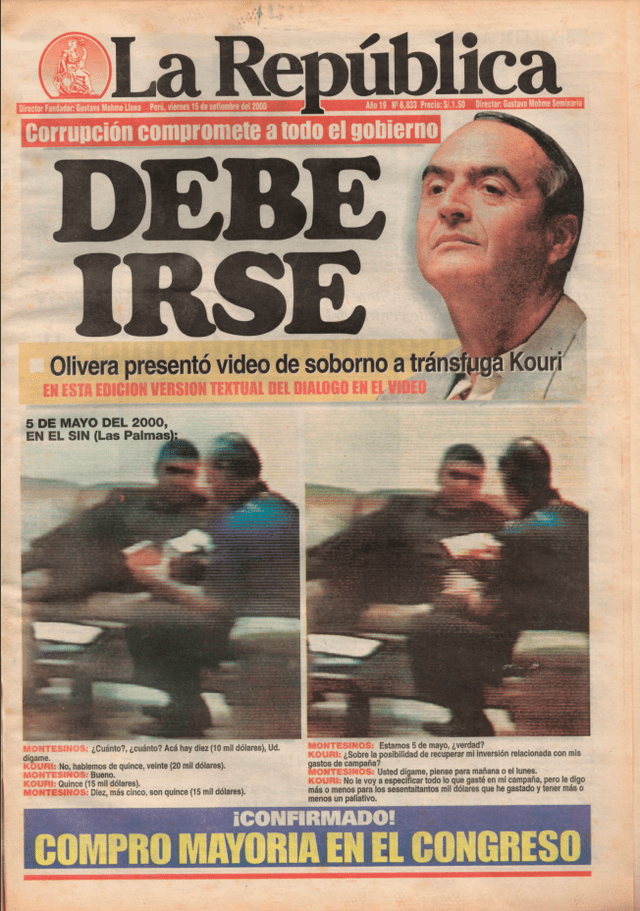 Portada del Diario La República del 15 de septiembre de 2000. Foto: La República.