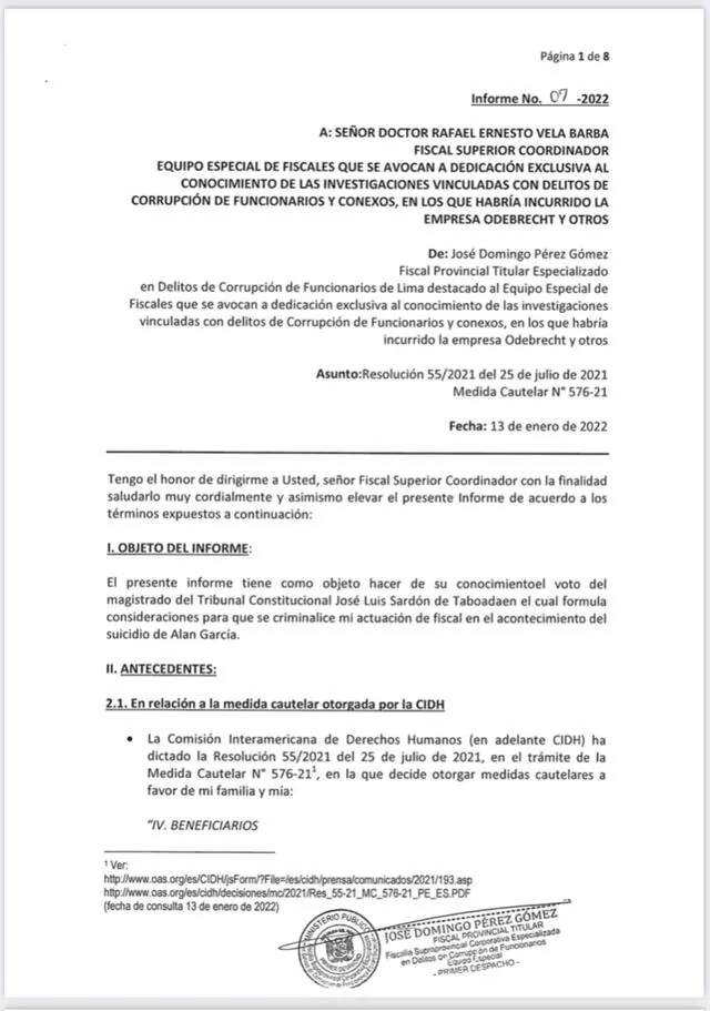 Oficio enviado por Domingo Pérez Rafael Vela. Foto: Captura de documento.
