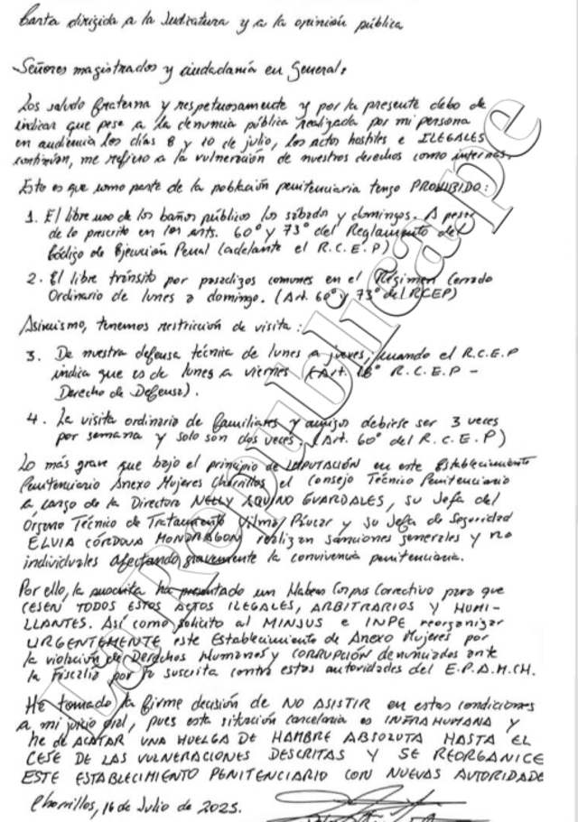 Carta de Betssy Chávez. Foto: LR   
