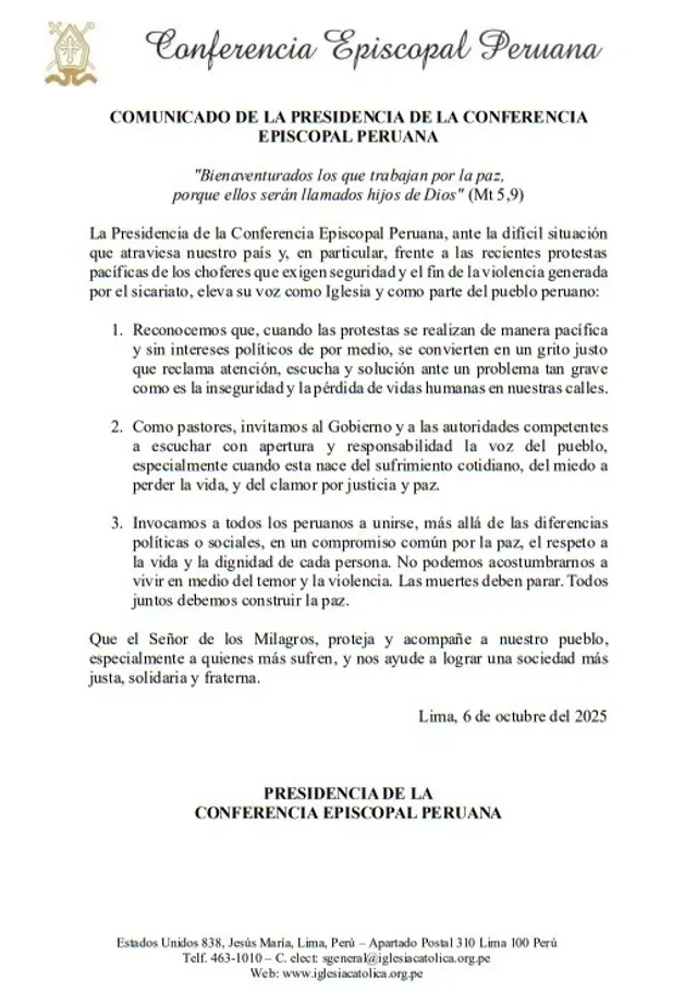 Comunicado de la Conferencia Episcopal Peruana. Foto: difusión Comunicado de la Conferencia Episcopal Peruana. Foto: difusión