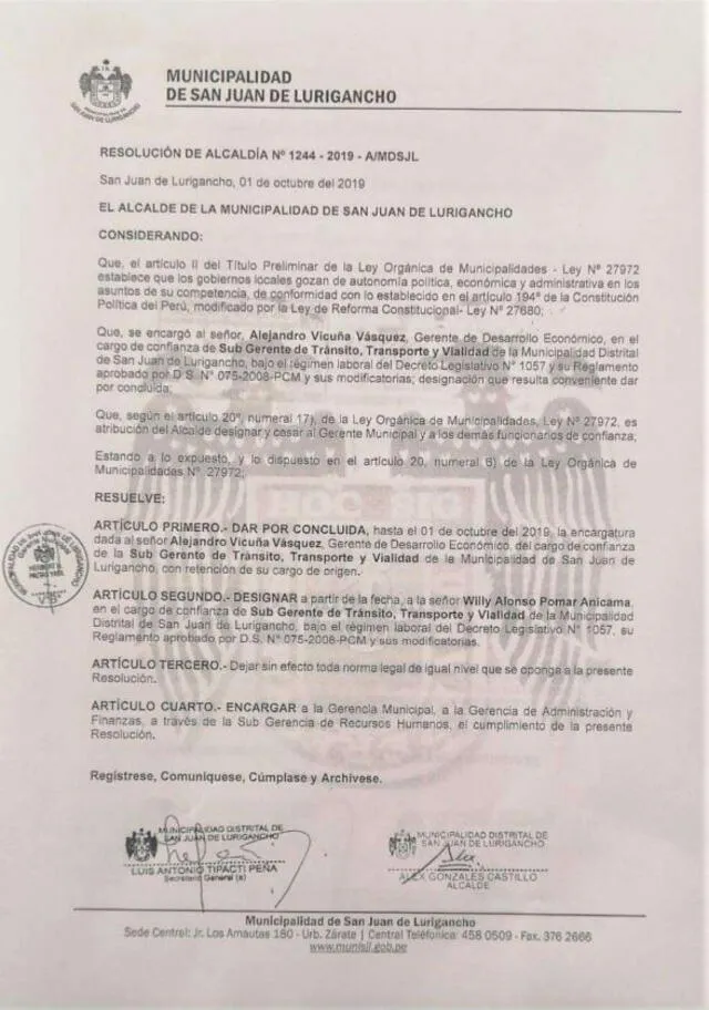 Resolución de alcaldía que designa a Willy Pomar Anicama como subgerente de la Municipalidad de SJL.