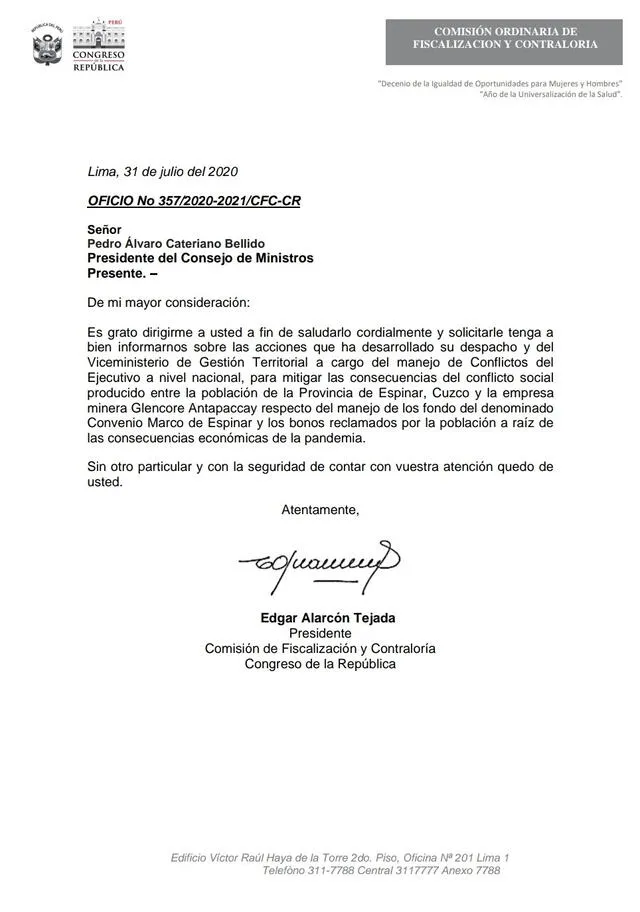Documento enviado a Pedro Cateriano.