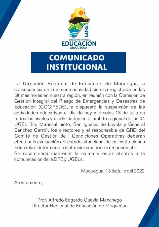 Comunicado fue publicado esta mañana. Foto: Dirección Regional de Educación de Moquegua