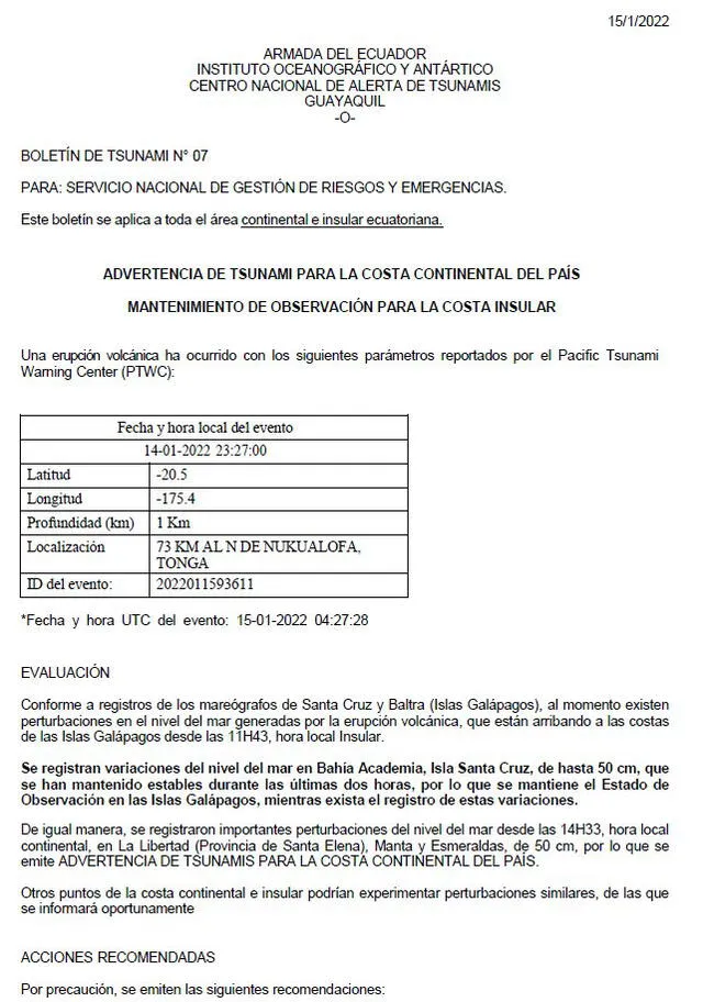 Informe de Inocar sobre el alerta de tsunami en la costa continental e insular de Ecuador. Foto: captura Twitter/Inocar