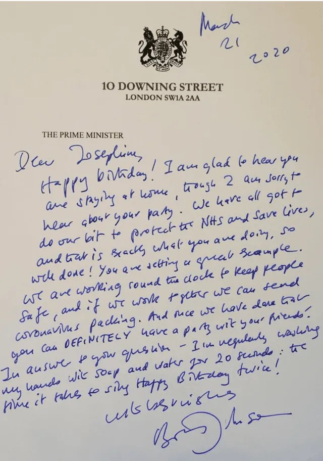 Niña envía emotiva carta a ministro británico tras suspender su cumpleaños por el coronavirus