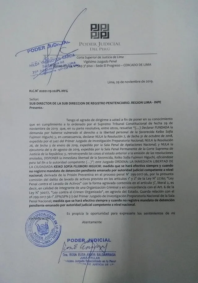 Poder Judicial remite carta al INPE sobre liberación de Keiko Fujimori. Fuente: La República.