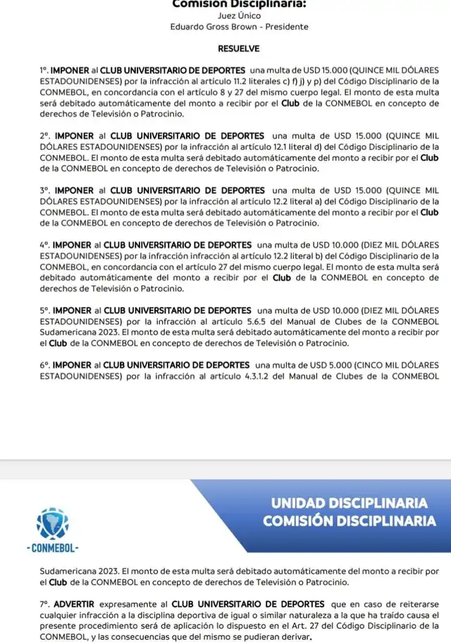 Documento de la multa a Universitario. Foto: Conmebol Documento de la multa a Universitario. Foto: Conmebol