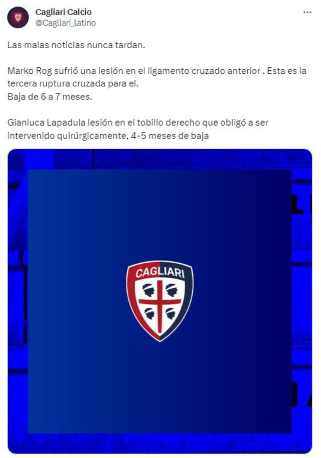 Cagliari informa que Lapadula estará lejos de las canchas entre cuatro a cinco meses. <strong>Foto: captura Twitter</strong>   