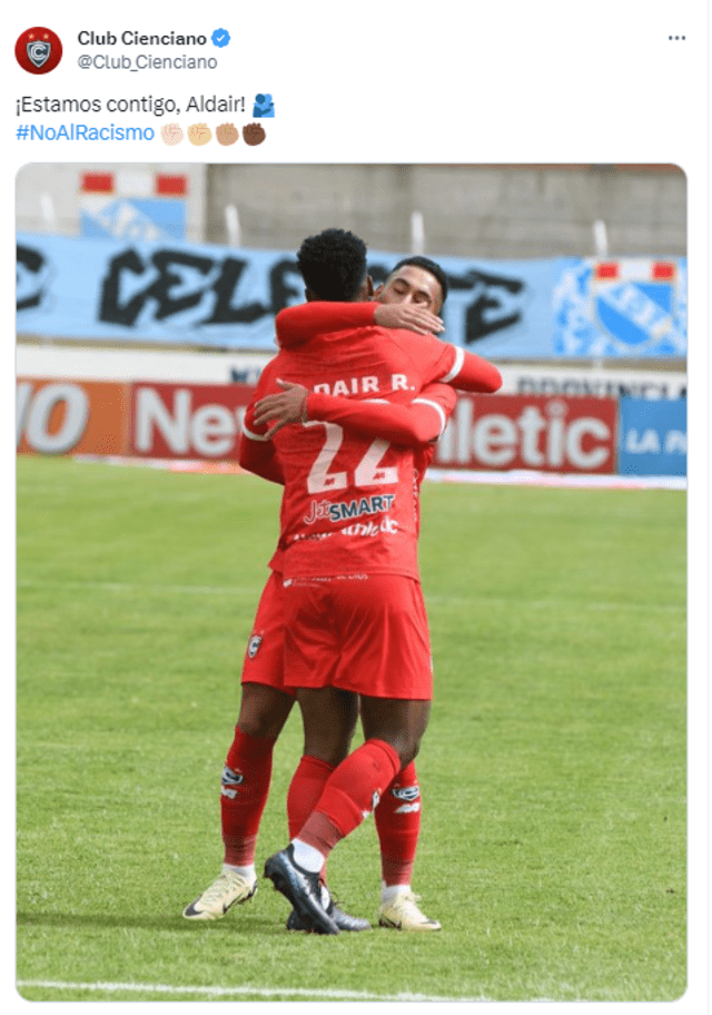  Mensaje de Cienciano sobre el acto de racismo del cual fue víctima Aldair Rodríguez. Foto: Club Cienciano/X    