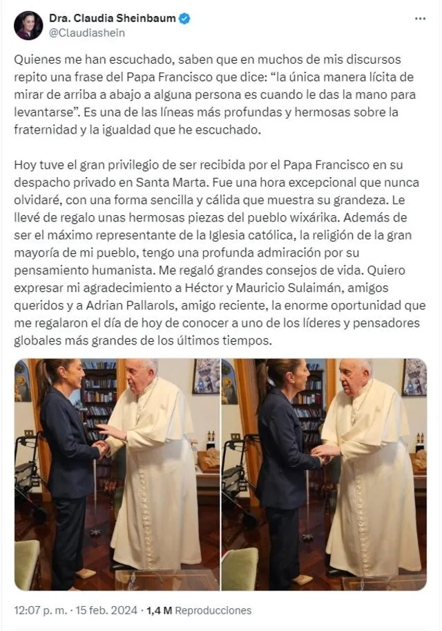 <em> Visita de Claudia Sheinbaum al papa Francisco. Foto: captura de X</em>   