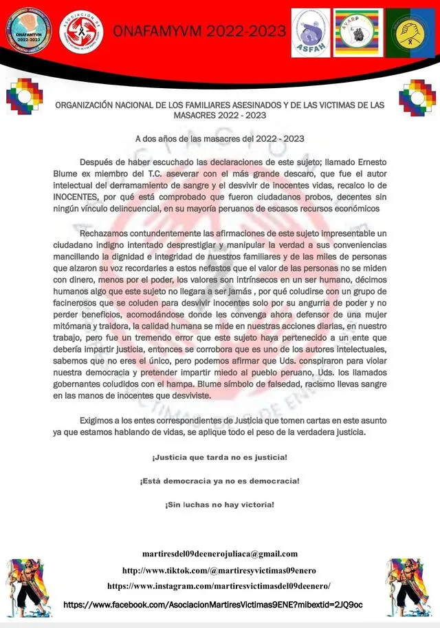  Comunicado publicado por la Organización Nacional de los Familiares Asesinados y de las Víctimas de las Masacres 2022-2023 | Fuente: X.    