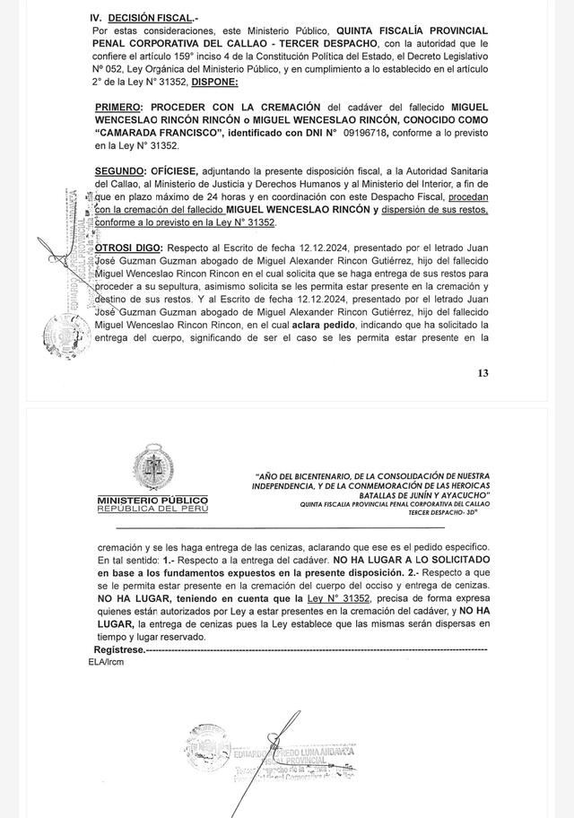  Resolución del Ministerio Público donde se ordena la incineración del cuerpo de Rincón y la no entrega de sus restos a sus familiares | Fuente: X-Abel Gilvonio.    