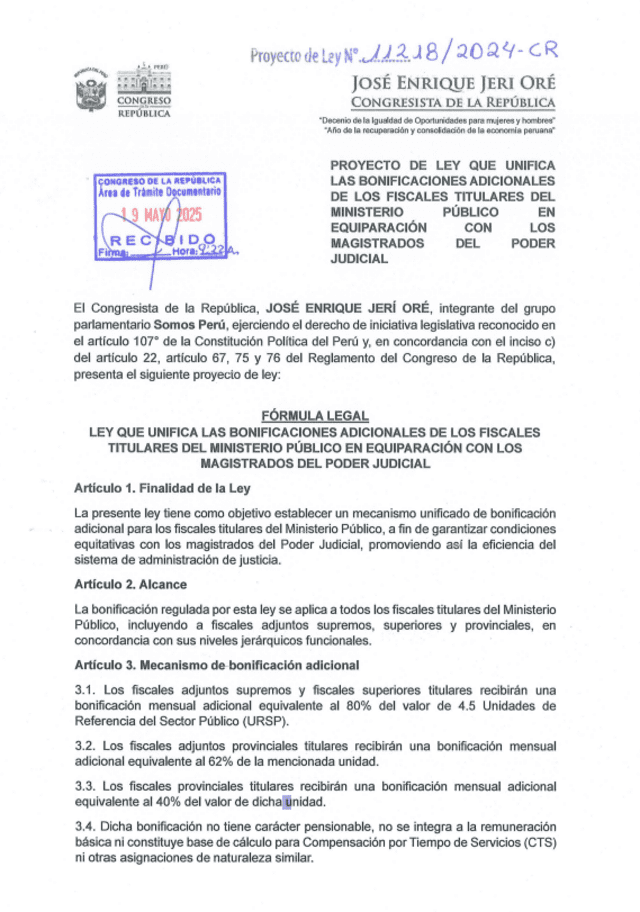 Proyecto de ley sobre bonos a favor de fiscales titulares. Foto: Congreso Proyecto de ley sobre bonos a favor de fiscales titulares. Foto: Congreso