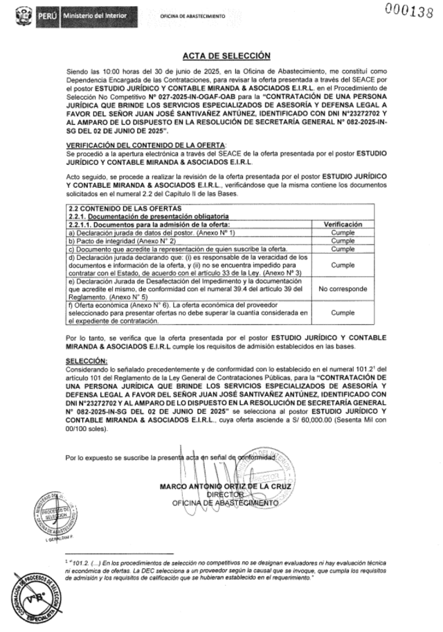  Documento del último otorgamiento de buena pro a Miranda &amp; Asociados por un monto de S/60.000 para la defensa legal de Juan José Santiváñez. Foto: captura de pantalla    