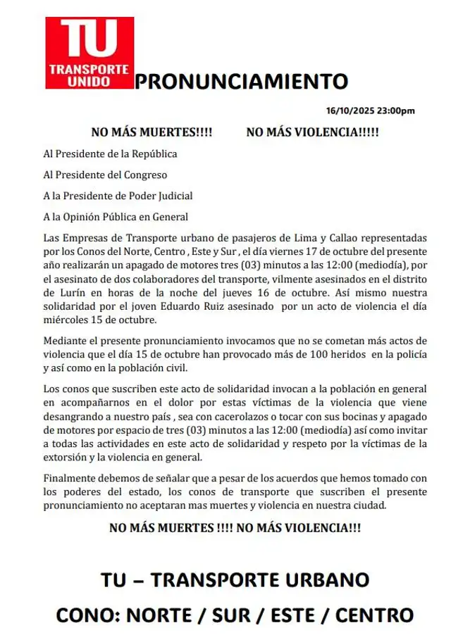 Comunicado de gremios de transportistas de Lima y Callao. Comunicado de gremios de transportistas de Lima y Callao.
