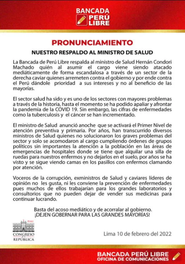 Bancada de Perú Libre anuncia respaldo al ministro de Salud. Foto: Difusión