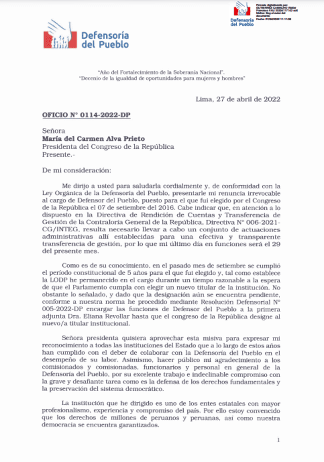 Carta de renuncia de Walter Gutiérrez