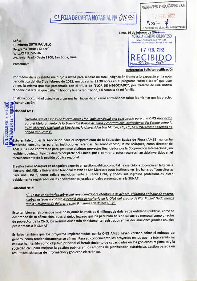 Carta notarial de Flor Pablo a Beto Ortiz. Foto: captura de Twitter
