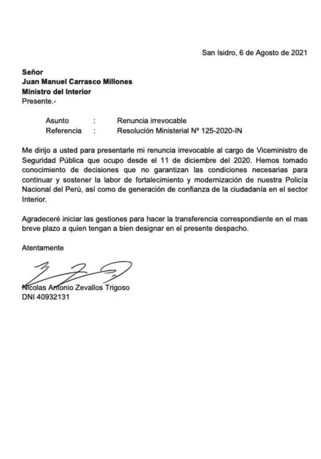 Carta de renuncia de Nicolás Zevallos Trigoso.