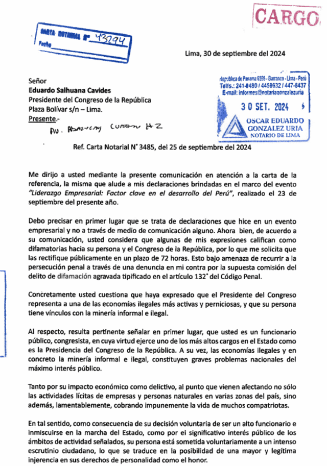  Carta notarial presentada ante el presidente del Congreso. Foto: difusión    