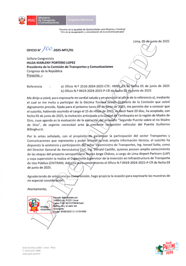 Oficio enviado por el ministro de Transportes y Comunicaciones a la congresista Portero López, presidenta de la Comisión de Transportes y Comunicaciones del Congreso | Foto: La República. Oficio enviado por el ministro de Transportes y Comunicaciones a la congresista Portero López, presidenta de la Comisión de Transportes y Comunicaciones del Congreso | Foto: La República.