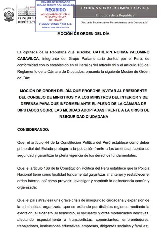 Diputada de Juntos por el Perú propone citar a ministros al Congreso.
