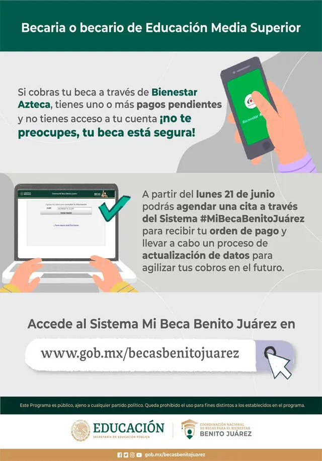 Los becarios podrán agendar una cita a través del sistema Mi Beca Benito Juárez desde este 21 de junio. Foto: BecasBenito/Twitter